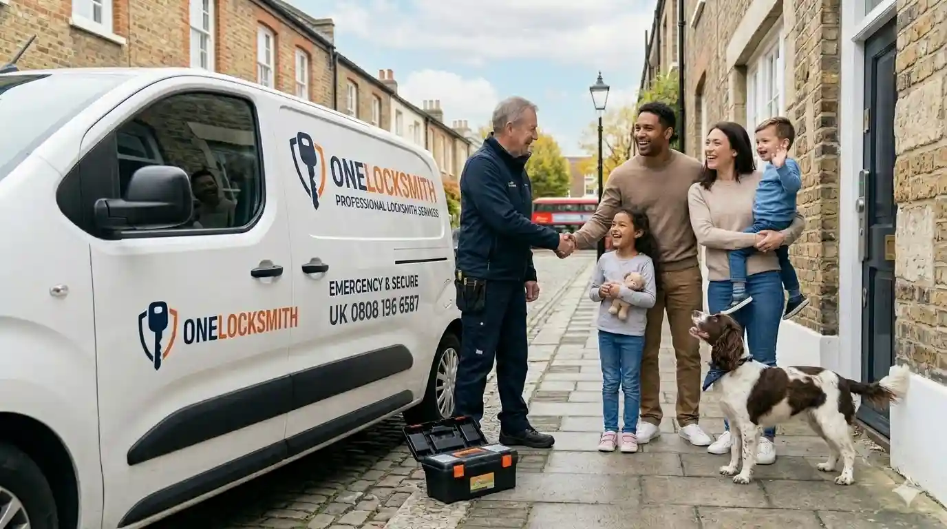 Friendly local locksmith shaking hands with a happy customer