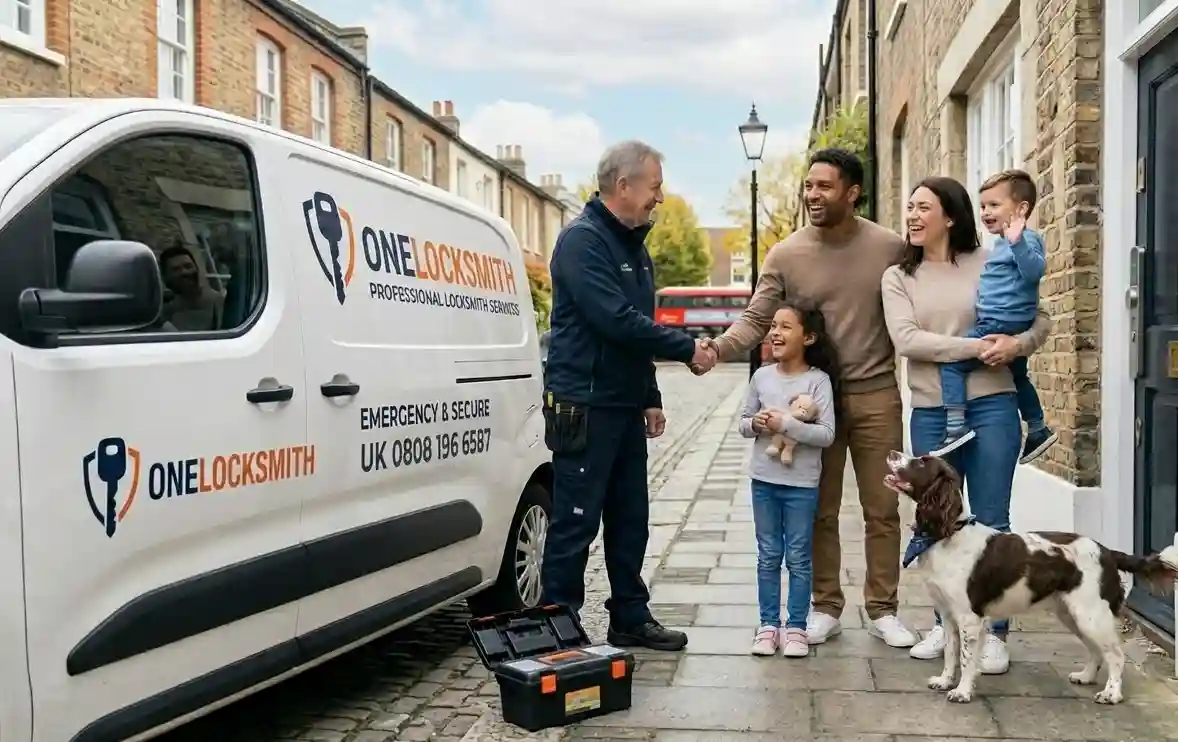 Friendly local locksmith shaking hands with a happy customer